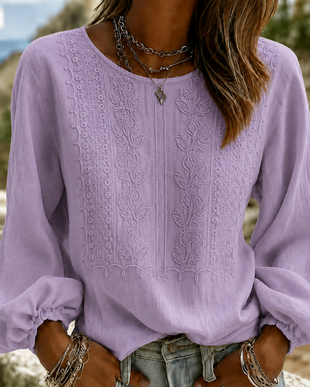 

Crew Neck Long Sleeve Geometric Printing Lightweight Micro-Elasticity Loose Blouse For Women, Purple, Blouses