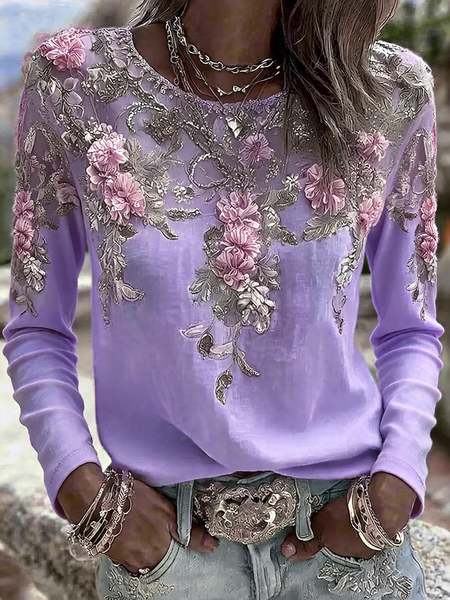 Vintage Floral Crew Neck Long Sleeve T-shirt