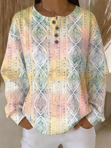 Women Geometric Henley Collar Casual Spring/Fall Long Sleeve Sweatshirt