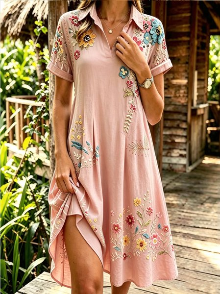 Women Floral Short Sleeve Shawl Collar Dress Daily Vintage Midi Shirt Dress A-Line Summer Dress