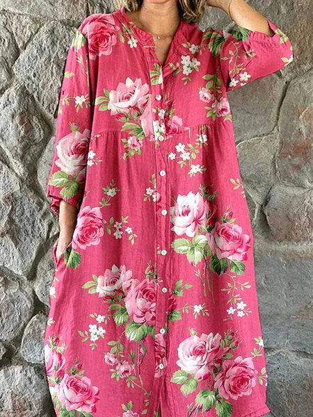 Women Floral Three Quarter Sleeve Henley Collar Dress Daily Casual Maxi Shirt Dress H-Line Spring/Fall Dress