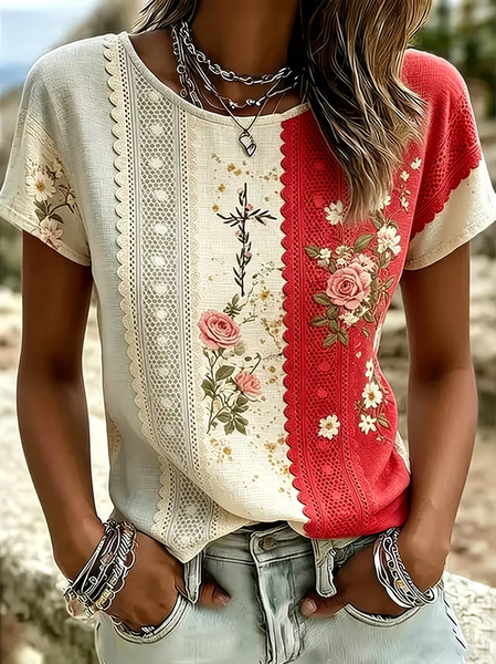 Women Floral Short Sleeve Tee T-shirt Crew Neck Printing Casual Graphic Tee Summer Top