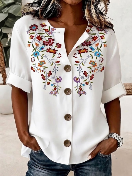 Women Floral Henley Collar Long Sleeve Shirt Casual Daily Spring/Fall Top