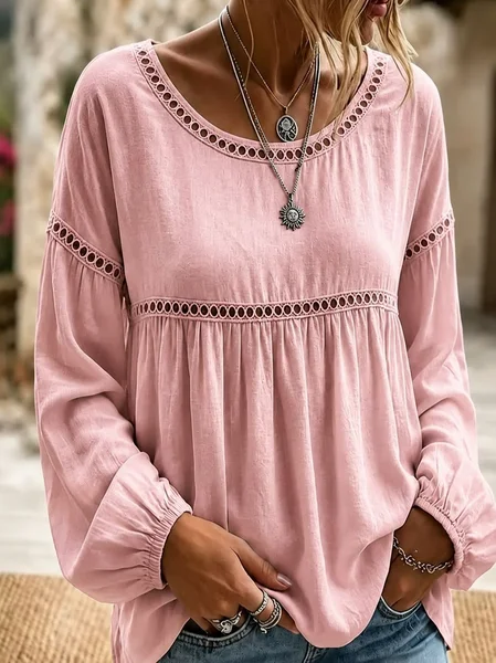 

Crew Neck Long Sleeve Plain Regular Micro-Elasticity Regular Fit Blouse For Women, Pink, Blouses
