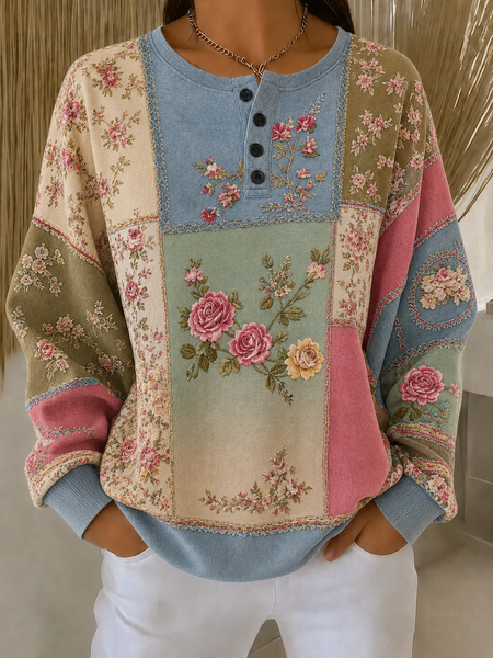 

Casual Henley Collar Floral Sweatshirt, Multicolor, Hoodies & Sweatshirts