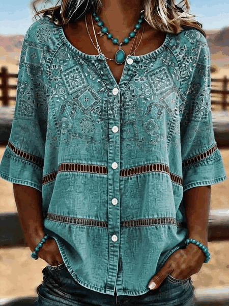 Women Paisley Henley Collar Half Sleeve Shirt Vintage Daily Summer Top