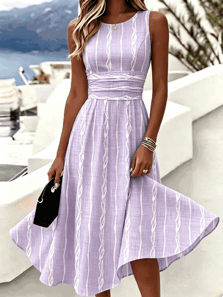 Women Geometric Sleeveless Crew Neck Dress Daily Casual Midi A-Line Summer Dress