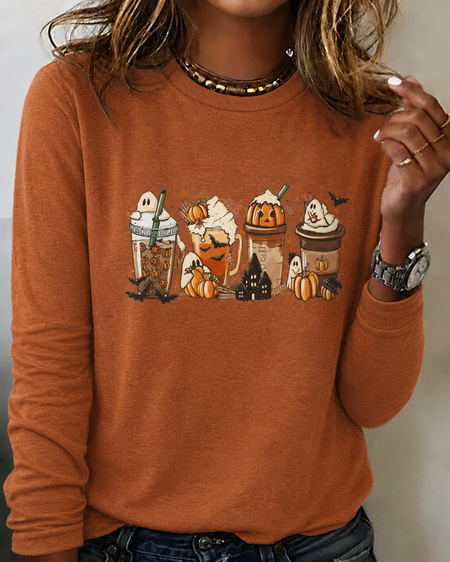 

Women Halloween Long Sleeve Tee T-shirt Crew Neck Printing Casual Spring/Fall Top, Brown, T-Shirts