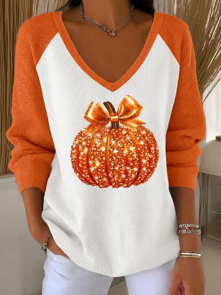 Women Color Block Casual Long Sleeve V Neck Spring/Fall Sweater