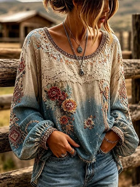 Women Floral Crew Neck Long Sleeve Blouse Casual Daily Spring/Fall Top