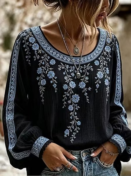 Women Floral Crew Neck Long Sleeve Blouse Casual Daily Spring/Fall Top