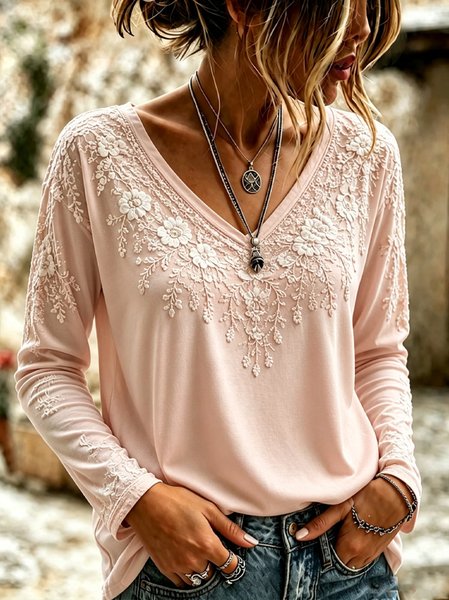 Women Floral Long Sleeve Tee T-shirt V Neck Casual Spring/Fall Top