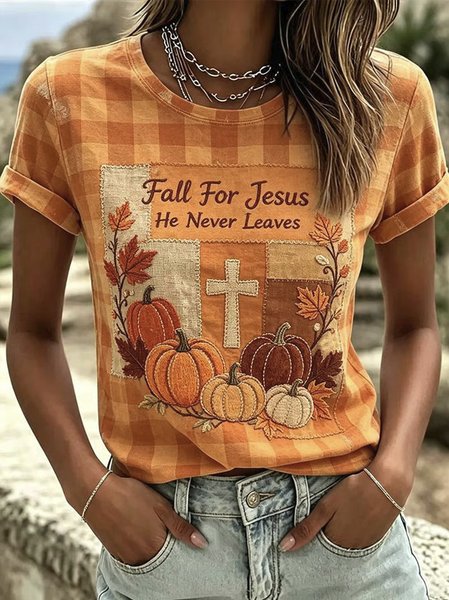 Women Plaid Short Sleeve Tee T-shirt Crew Neck Casual Summer Top