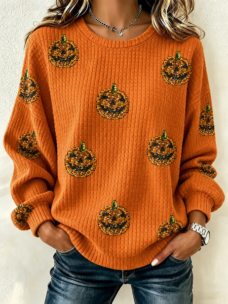 Women Halloween Crew Neck Printing Casual Spring/Fall Long Sleeve Sweatshirt