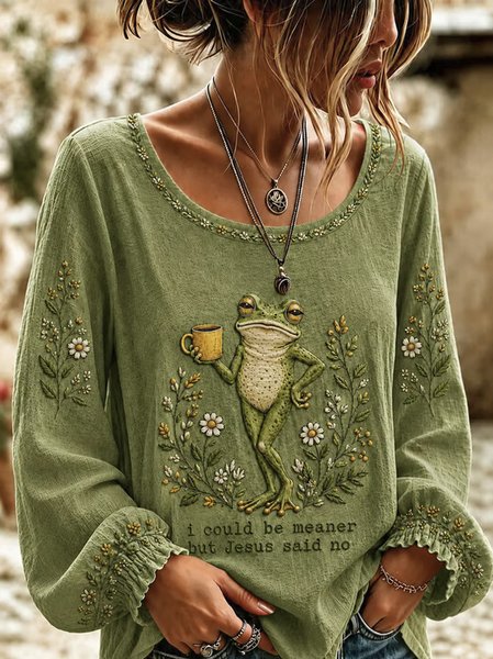 

Women Floral Crew Neck Long Sleeve Blouse Casual Daily Spring/Fall Top, Army green, Shirts & Blouses