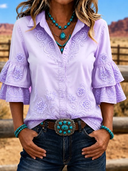Shirt Collar Half Sleeve Star Printing Regular Micro-Elasticity Regular Fit Shirt For Women