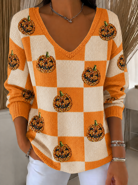 Women Color Block Casual Long Sleeve V Neck Spring/Fall Sweater