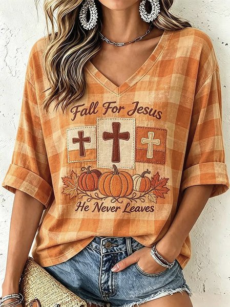 Women Maple Leaf Half Sleeve Tee T-shirt V Neck Vintage Summer Top
