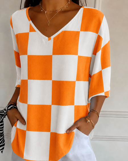 Women Plaid Short Sleeve Tee T-shirt V Neck Printing Casual Summer Top