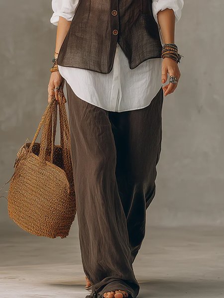 

Cotton And Linen Casual Plain Wide Leg Pants, Brown, Pants