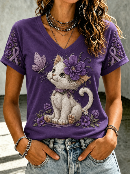 Women Geometric Short Sleeve Tee T-shirt V Neck Vintage Summer Top