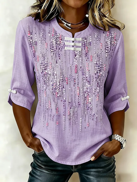Women Abstract Mandarin Collar Half Sleeve Blouse Printing Vintage Daily Summer Top