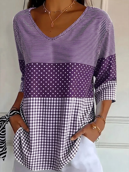 Women Striped Three Quarter Sleeve Tee T-shirt V Neck Printing Casual Graphic Tee Spring/Fall Top