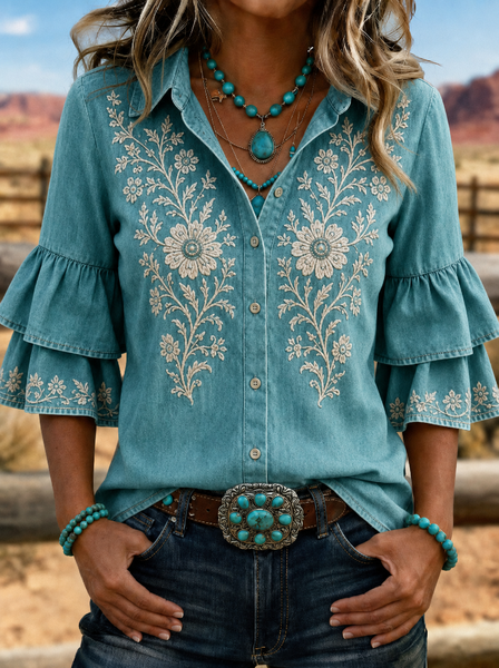 Women Floral Pattern Shirt Collar Half Sleeve Shirt Printing Vintage Daily Summer Top