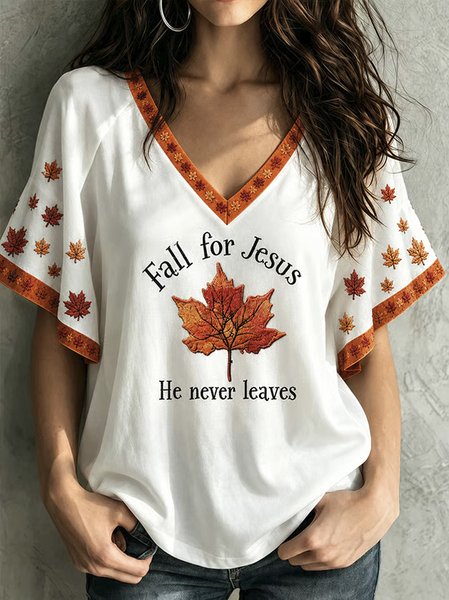 Women Text Letters Short Sleeve Tee T-shirt V Neck Vintage Summer Top