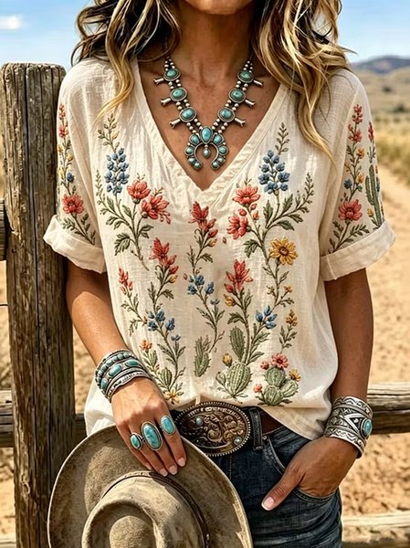 Women Floral Short Sleeve Tee T-shirt V Neck Casual Summer Top