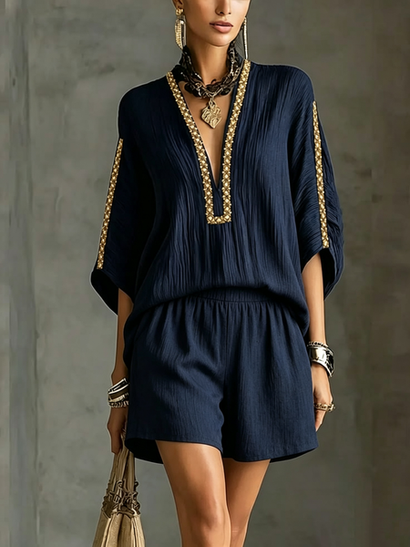 

Vacation Plain Webbing V Neck Blouse, Blue, Blouses and Shirts