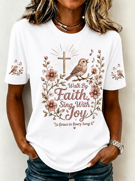 Women Geometric Short Sleeve Tee T-shirt Crew Neck Vintage Summer Top