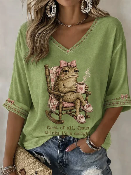 Vintage Floral V Neck Half Sleeve T-shirt