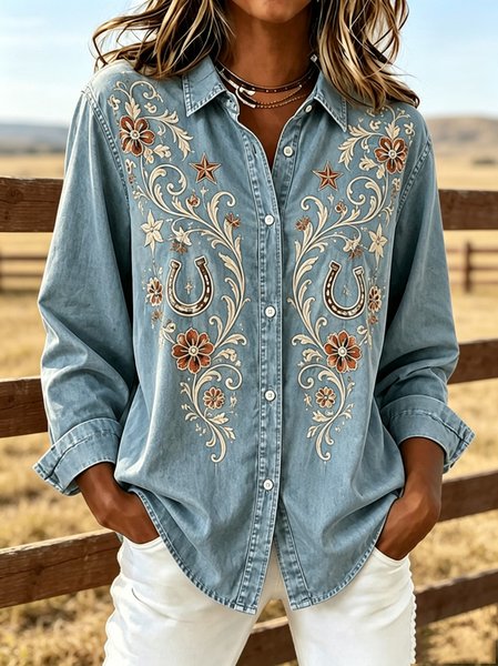 Women Floral Shawl Collar Long Sleeve Shirt Vintage Holiday Spring/Fall Top