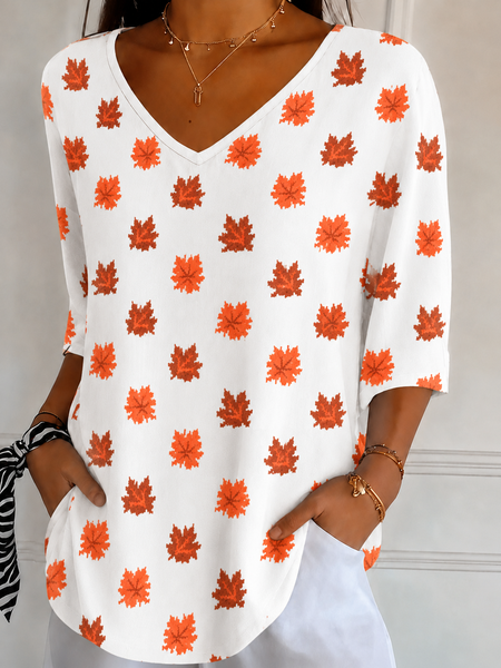 Women Maple Leaf Short Sleeve Tee T-shirt V Neck Printing Casual Summer Top