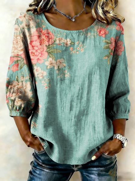 Women Floral Crew Neck Half Sleeve Blouse Printing Vintage Daily Summer Top