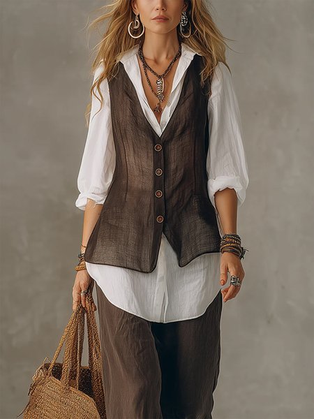 

Cotton And Linen Casual Color Block Split Joint Shirt Collar Shirt, White-brown, Blouses and Shirts