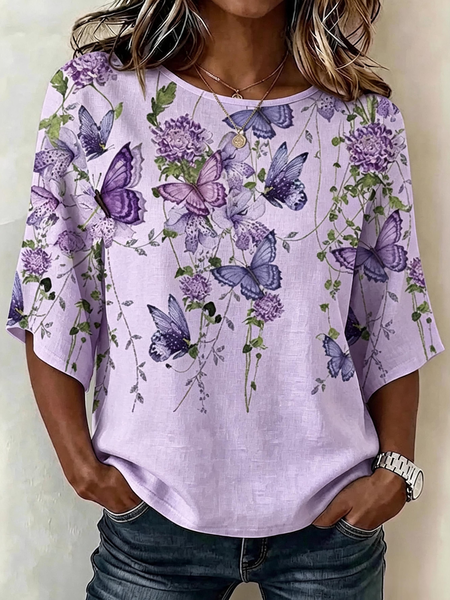 

Crew Neck Half Sleeve Floral Regular Micro-Elasticity Loose Blouse For Women, Purple, Blouses