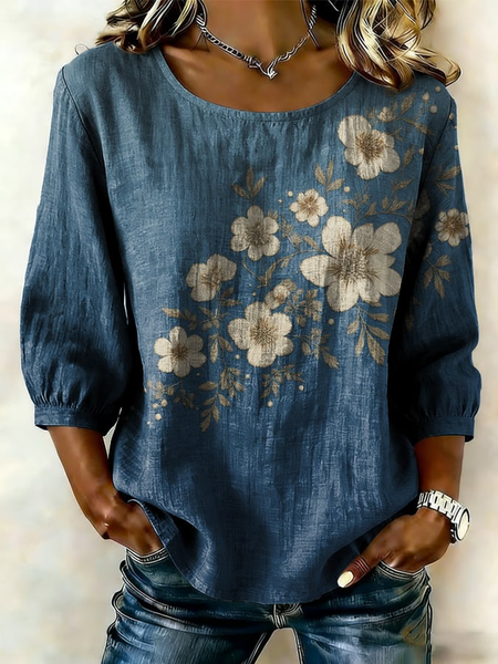 Women Floral Crew Neck Half Sleeve Blouse Printing Vintage Daily Summer Top