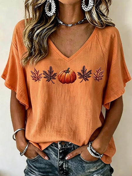 Women Maple Leaf Short Sleeve Tee T-shirt V Neck Casual Summer Top