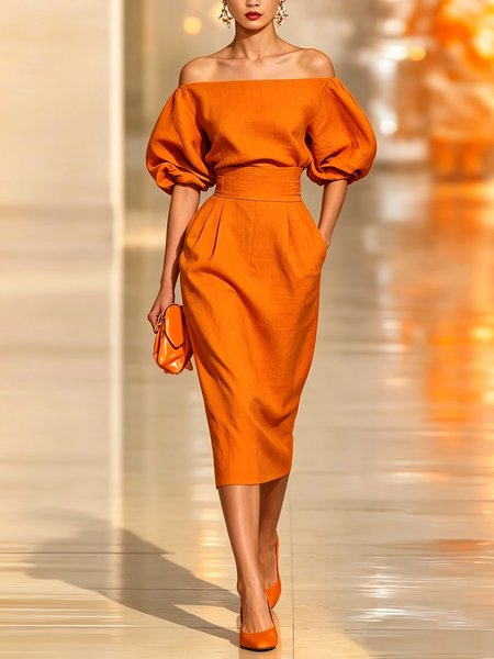 Cotton Elegant Plain Crew Neck Midi Dress 1 Cotton Elegant Plain Crew Neck Midi Dress