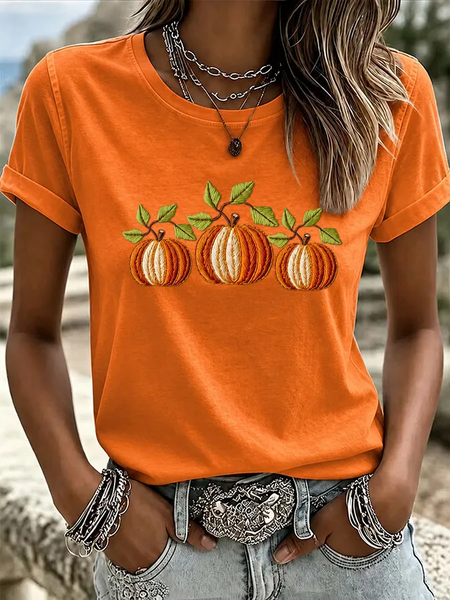 Women Pumpkin Pattern Short Sleeve Tee T-shirt Crew Neck Printing Casual Graphic Tee Summer Top