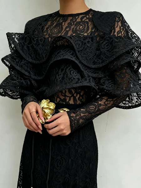Lace Elegant Plain Folds Crew Neck Blouse Lace Elegant Plain Folds Crew Neck Blouse