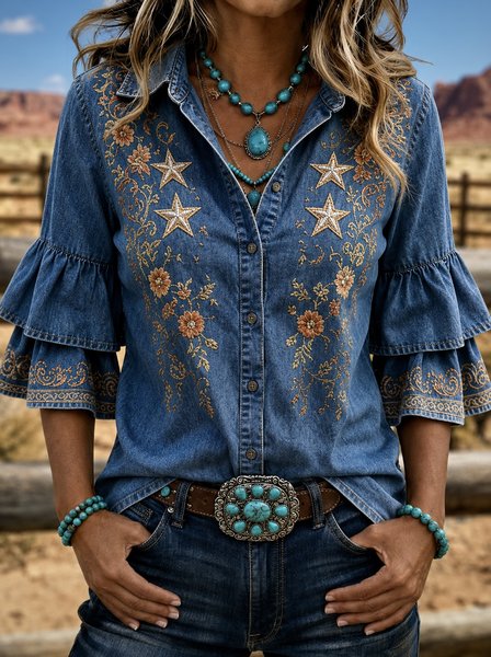 

Women Star Shirt Collar Half Sleeve Shirt Printing Vintage Daily Summer Top, Denim blue, Shirts