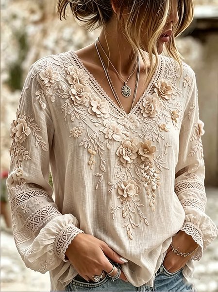 Women Floral V Neck Long Sleeve Blouse Printing Casual Daily Spring/Fall Top