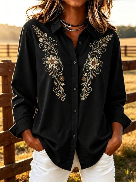 Women Floral Shawl Collar Long Sleeve Shirt Vintage Holiday Spring/Fall Top