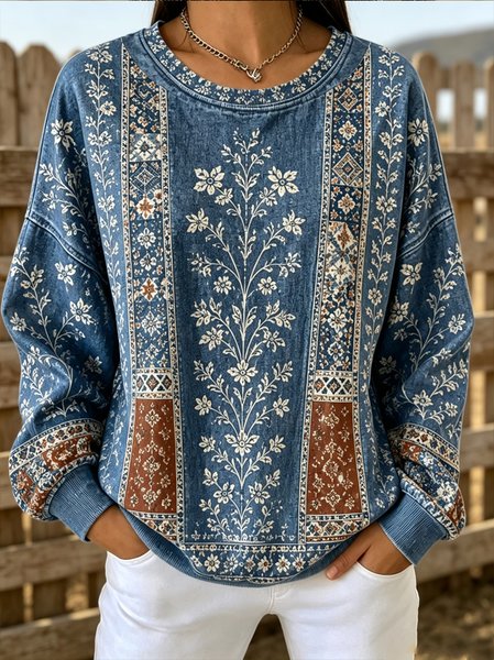 Women Geometric Crew Neck Casual Spring/Fall Long Sleeve Sweatshirt