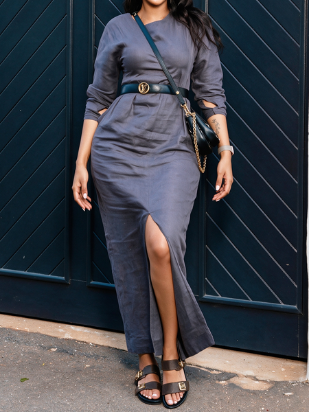

Casual Plain Crew Neck Maxi Dress Cotton And Linen No Belt, As picture, Maxi Dresses