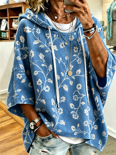 Women Floral Half Sleeve Casual Daily Spring/Fall Hoodie