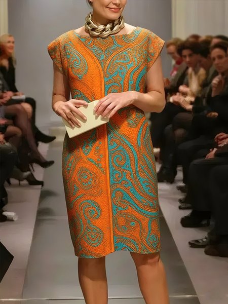 Elegant Paisley Printing Crew Neck Knee Length Dress